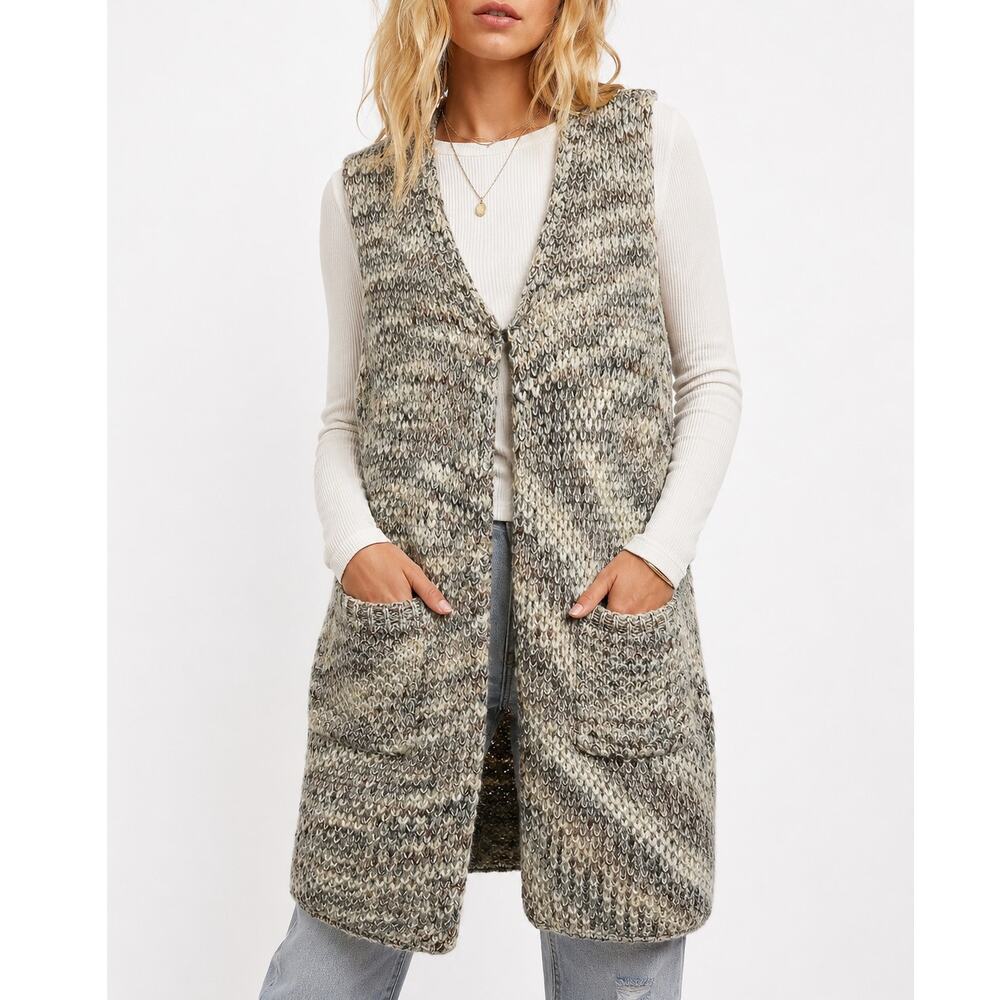 Solitaire Chunky Knit Marl Sleeveless Cardigan Sweater Vest Cream Size M